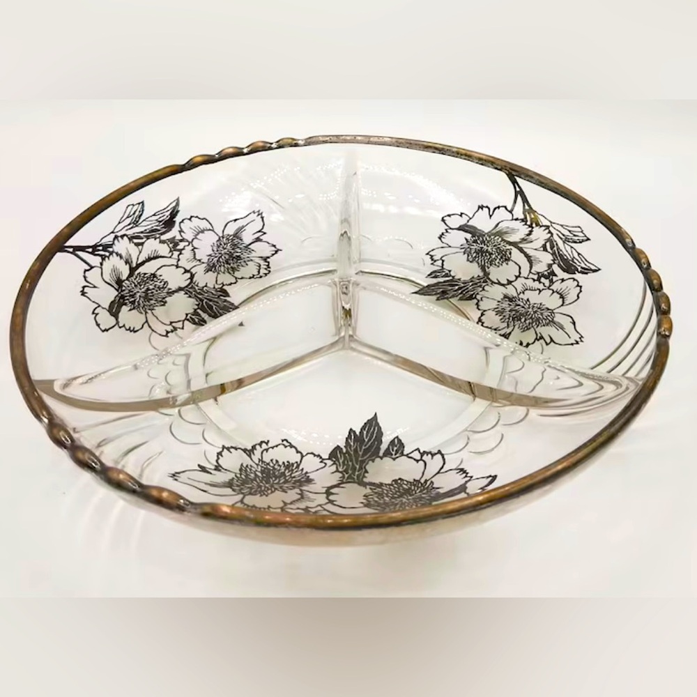 Vintage Rockwell Glass Sterling Silver Divided Serving Trinket Dish Flowers MCM